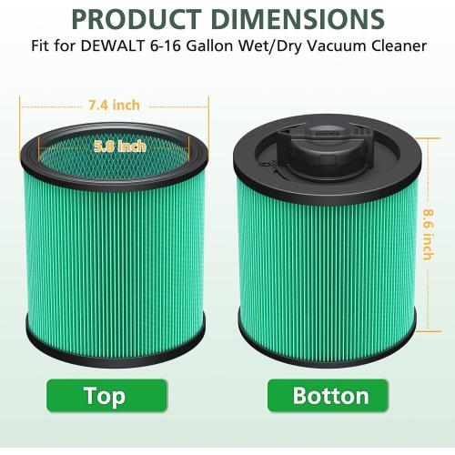 2 Pack DXVC6914 Cartridge Filter Replacement for DEWALT 6-16 Gallon Wet/Dry Vac, Compatible with DeWalt DXV06P DXV09P DXV10P DXV10PL DXV10SA DXV12P DXV14P DXV16P, Green