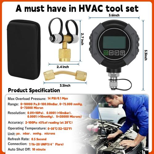 Pro HVAC Micron Vacuum Gauge, Digital AC Micron Gauge 0-75000 Microns
