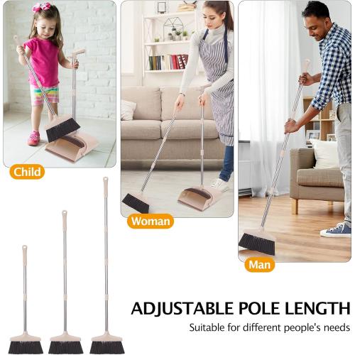 Broom and Dustpan Set with Long Handle, Light Weight Stainless Steel Poles Stand Upright Dustpans with Broom Combo for Home Kitchen Office Pet Dog Hair, Brown & Beige Color, 1-Pack