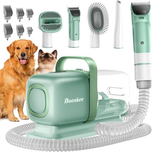 buenkee Dog Grooming Kit with Vacuum, 15000Pa Pet Hair Clipper and Shedding Brush, 50dB Low Noise, 2L Capacity, Green