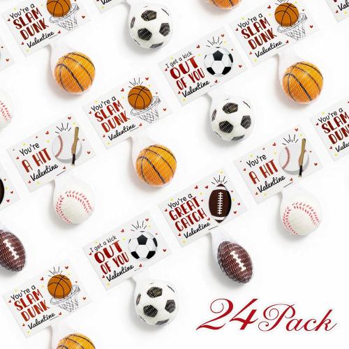 Valentines Day Gifts for Kids - 24 Pack Stress Balls with Valentines Day Cards for Kids School - Football Soccer Baseball and Basketball for Boys Girls Toddler Classroom Exchange Party Favors