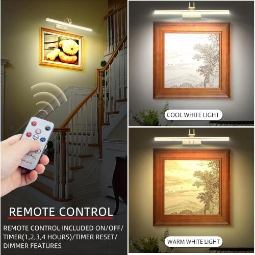 Size 20 Color Brass Picture Light,2Colors Art Lights for Paintings,20 Battery Wall Light,Remote Control Accent Lighting with Timer and Dimmable for Frame,Portrait,Artwork-Brass