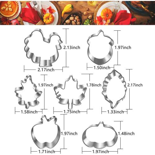 Mini Autumn Cookie Cutter Set-7 Piece-2.0 Inch-Diswasher Safe-Autumn Leaf, Apple, Pumkin, Acorn, Maple, Turkey-Mini Baking Pie Crust Cutter for Thanksgiving