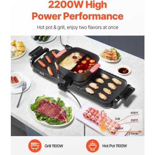 VEVOR Hot Pot with Grill, 2300W 2-in-1 Electric Smokeless Grill and Hot Pot, Removable Shabu-shabu Hotpot with Non-stick Pan, Separate Dual Temperature Control, Indoor Korean BBQ for 1-6 People