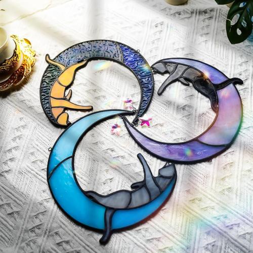 BOXCASA Black Cat Moon Suncatchers for Windows Hanging,Funny Stained Glass Cats Gift,Witchy Gifts for Women,Cats Themed Gifts for Women