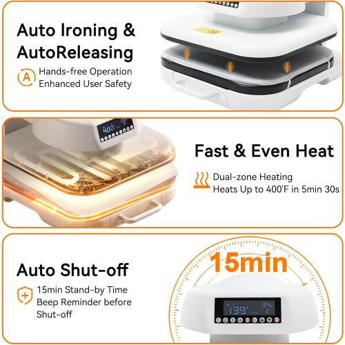 Auto Heat Press, 15 x 15 inch Heat Press Machine for T Shirts with Adjustable Pressure and Auto Release,Digital Display, Rapid Heating, Higher Heating Height, Heat Transfer Projects, White