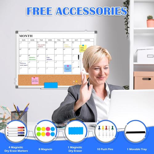 Monthly Calendar Whiteboard Dry Erase Cork Board Combo for Wall, 24 x 18 Double-Sided Calendar White Board and Bulletin Board, Portable Board for Office, Kitchen, School, Home
