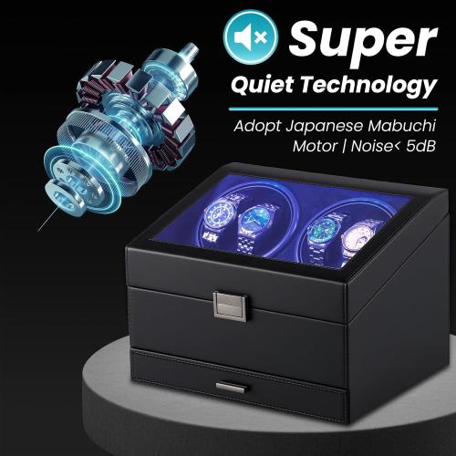 J&T Technology 4 Watch Winder with 6-Slots Watch Storage and Jewelry Drawer | 3-in-1 Storage System,Auto-Winding,Extra Storage,Jewelry Case,Japanese Quiet Motor with 4 Programmable Modes,LED Light