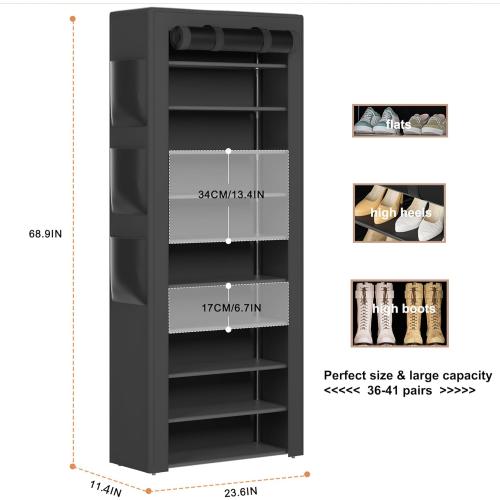 OYREL Large Shoe Rack, Black, 6 Side Pockets, 23.6 Wide x 11.4 Deep x 68.9 Tall, 36-41 Pairs of Shoes