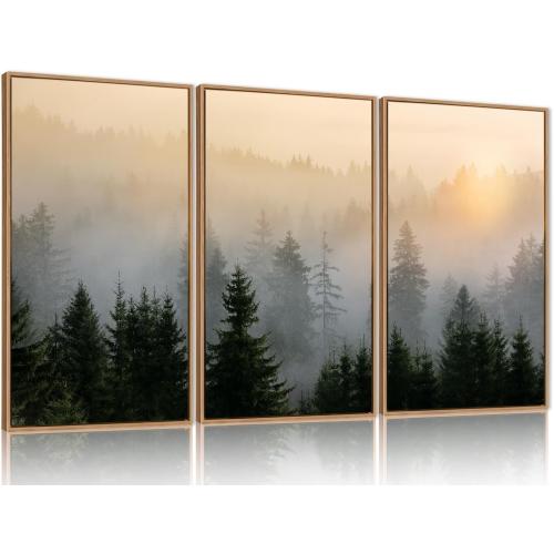 FWIEXA Misty Forest Wall Art Set Framed, Large Mountains Canvas Wall Decor, Green Nature Wall Painting, Foggy Tree Landscape Artwork 3 Panel 24x36 Inches for Living Room, Bedroom, Office, Gift