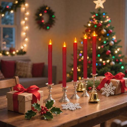 6 Pcs Burgundy Flameless Taper Candles with Remote, 10 White Battery Operated Led Candlesticks with Flickering 3D Flame, Fake Taper Candles for Halloween Anniversaries Dinner Home Décor