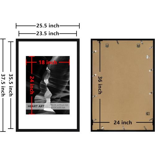 Black HEART ART 24x36 Poster Frame with Mat, Black Picture Frame, Display Pictures 18x24 with Mat or 24 x 36 Without Mat, Poster Frames 24 x 36 inches for Wall Mounting