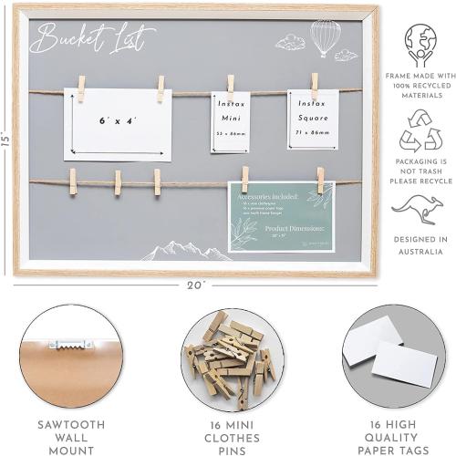 Wall Hanging Photo Board & Easy To Use Vision Board Kit | 20 x 15 | Large Picture Display Frame with Clips | Goal Board Manifestation Kit | Home Decor Display & Photo Board