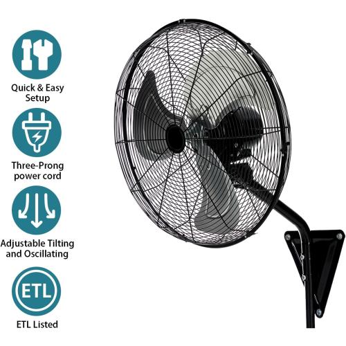 20” Wall Mount Fan 7000 CFM High Velocity Wall Industrial Fan 120° Oscillating Fans 3-Speed for Household, Commercial Use - ETL Listed, Black