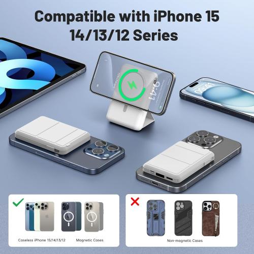 Azmuth for Magsafe Battery Pack, 10000mAh Magnetic Power Bank 22.5W PD Fast Charging with USB-C Cable LED Display Wireless Portable Charger with Stand for iPhone 16/15/14/13/12/Pro (White)