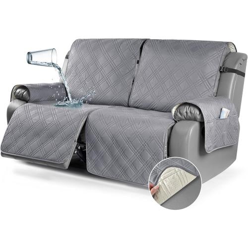 TAOCOCO 100% Waterproof Oversized Loveseat Recliner Cover, Non Slip Split Couch Covers for Reclining Loveseat with Elastic Straps for Kids Pets(Oversized 2 Seater, Gray)