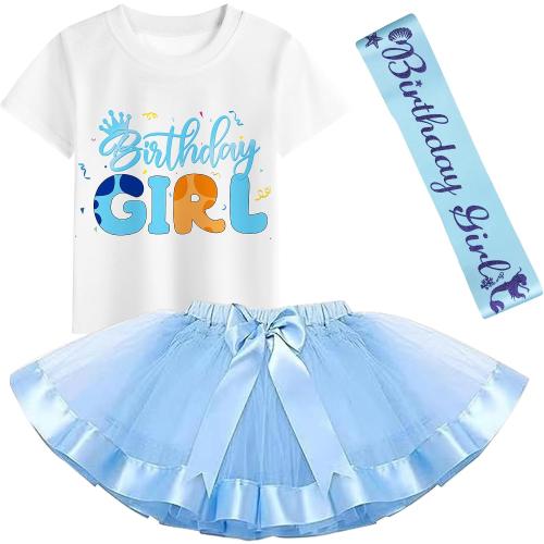 5T-6T Girls Blue Birthday Outfit Set, T-Shirt and Tutu Dress, Blue Headband and Satin Sash for Birthday &Christmas Party