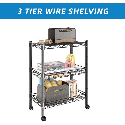 3 Tier Rolling Cart Service Cart Wire Basket Shelf Storage Trolley Shelf 2 Bottoms for Choose(Castor or Leveling Feet) for Office,Kitchen,Black(23.23 L x 13.11 W x 32.28 H)