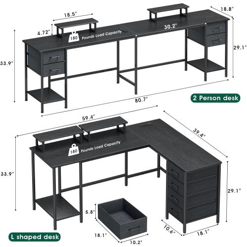Size 59 inch Color Black  L Shaped Computer Desk with Power Outlets, Home Office Desk with 4 Adjustable Storage Drawers & 2 Monitor Stands, Two Person Gaming Table for Bedroom, Black