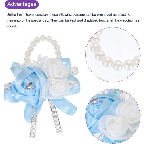 MECCANIXITY 12Pcs Wrist Corsage Artificial Flower Bracelets Rose Wrist Bride Groom Decorative for Wedding Ceremony Prom Party Anniversary Sky Blue