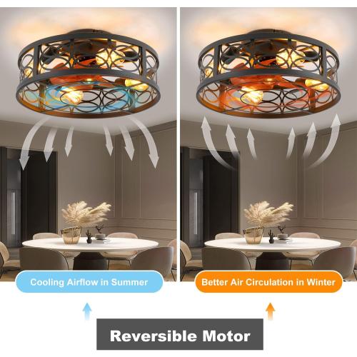 20 Caged Ceiling Fan with Light and Remote，Bladeless Ceiling Fan 6 Speed Reversible with 4 Bulbs and Remote Control.Low Profile Ceiling Fans with Lights for Bedroom, Dining Room