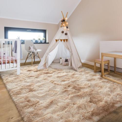 Hutha 4x6 Large Area Rugs for Living Room, Super Soft Fluffy Modern Bedroom Rug, Tie-Dyed Beige Indoor Shag Fuzzy Carpets for Girls Kids Nursery Room Home Decor