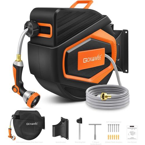 GOXAWEE Retractable Garden Hose Reel, 1/2 x 100 ft Upgraded UV Resistant Water Hose Reel Wall Mounted, Any Length Lock, Automatic Rewind, 180°Swivel Metal Bracket, Orange