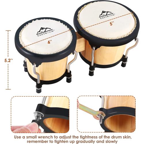 EastRock Bongo Drum 4” and 5” Set for Adults Beginners Professionals Tunable Wood and Metal Drum Percussion Instruments With Tuning Wrench