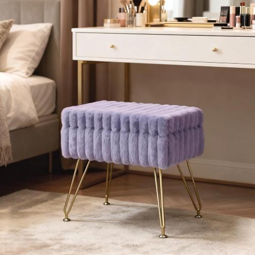 Vanity Stool Chair with Storage, Faux Fur Soft Padded Ottoman with Coffee Table, Modern Vanity Chair Fluffy Footstool with Metal Legs for Makeup, Living Room,Bedroom Purple