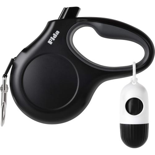 Fida Retractable Dog Leash with Dispenser and Poop Bags, 16 ft Pet Walking Leash for Small Dog or Cat up to 26 lbs, Anti-Slip Soft Handle, Tangle Free, Reflective Nylon Tape (S, Black)