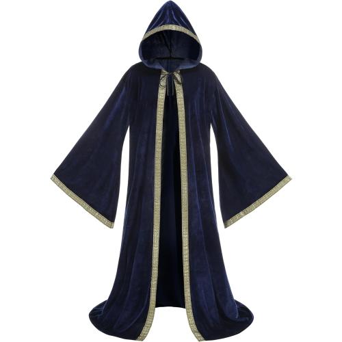 Wizard Robe Cloak with Hood Men Women, Renaissance Costume Medieval Velvet Cape Long Sleeve Halloween Dress Up