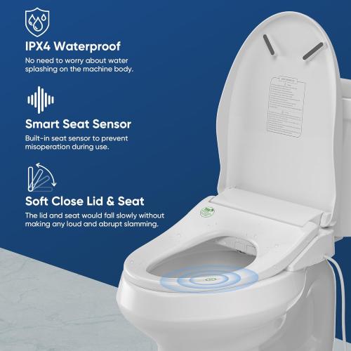Smart Bidet Toilet Seat, Electric Heated Toilet Seat with Instant Warm Bidet Wash & Warm Air Dryer, Self-Cleaning Stainless Steel Nozzle, Soft Close Lid, Elongated