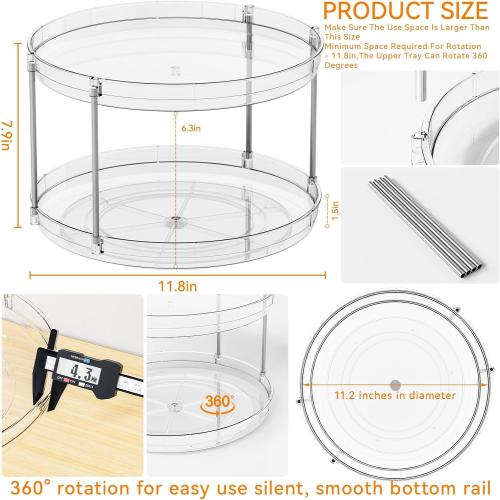 2 Tier Lazy Susan Turntable for Cabinet,Countertop,Pantry,12W Spinning Seasoning Organizer,Double Rotating Kitchen Spice Rack Organizer and Condiments,Medicine,Vitamin Bottle Organizer Carousels,1Pc