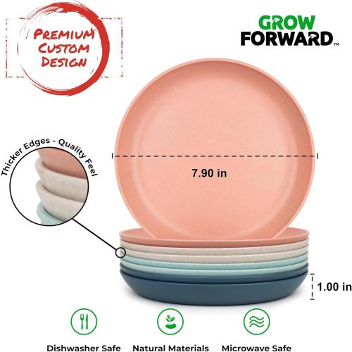 Grow Forward Premium Wheat Straw Dessert Plates - 8 Inch Reusable Hard Plastic Plates Set of 8 - Unbreakable Microwave Safe Plates for Dinner, Camping, RV, Outdoors, Patio, Kitchen Dishes - Tropical