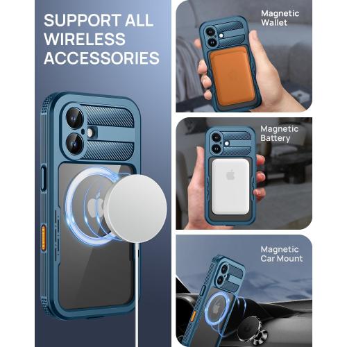 Lanhiem Magnetic for iPhone 16 Plus Case, IP68 Waterproof Dustproof Case, [Compatible with Magsafe] [Built-in Screen Protector] Full Body Heavy Duty Rugged Phone Cover 6.7 inch, Blue/Clear