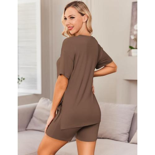 BROWN 2XL Ekouaer Women's Maternity Pajamas Sets 2 Piece Outfits Short Sleeve Shirts and Biker Shorts Pregnancy Loungewear Mama Clothes