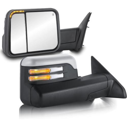 Pair Power Heated Towing Mirrors Compatible for 2009-2018 Dodge Ram 1500 2500 3500/2009-2024 Ram 1500 Classic w/Led Flashing Turn Signal Side Tow Mirror Manual Flip Fold (Chrome)
