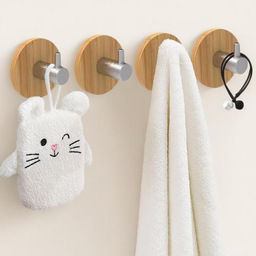 Adhesive Wall Hooks, Bamboo Wood Coat Hook for Hanging Towel Hangers for Bathroom Key Hat Hooks 4-Pack (Wood Silver)