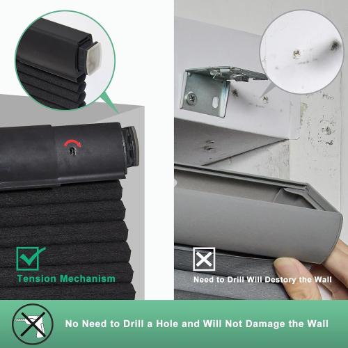 Size 35 1/2 W x 64 H Color Black No Drill Cellular Shades for Indoor Windows, Thermal Insulating & Noise Reducing Honeycomb Blinds, Free Stop Cordless Blackout Shades, Black,