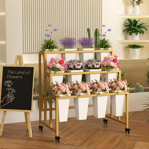 Flower Display Stand with 12 Buckets, 3 Layers Flower Bar, Gold Metal Plant Stand with Wheels, Heavy Duty Flower Cart for Indoor Outdoor Patio Garden Wedding Florist, Gold Metal Frame