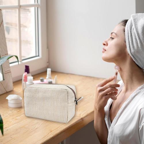 GFU Cosmetic Bags for Women, Seersucker Cosmetic Bag, Travel Toiletry Stripe Makeup Bag, Large Women Aesthetic Organizer Storage Pouch, Girls Handbags Purses, brown/white