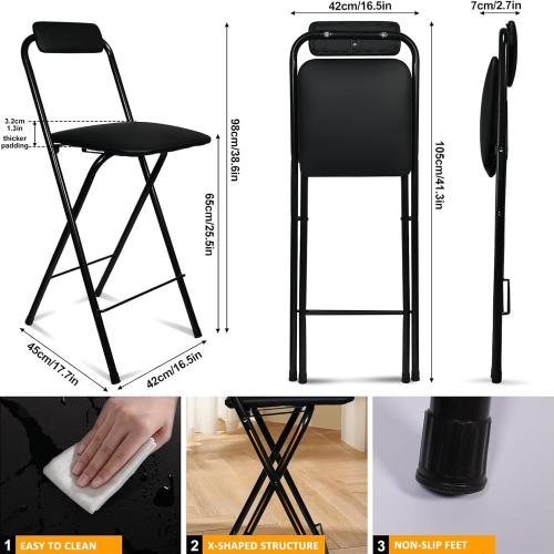 Folding Bar Stool with Back, Tall Foldable Stool Chair Portable Adult Folding Chair Counter Height Seat Leather Padded Kitchen Shop Comfortable and Sturdy (2PCS, 25.5 inch)