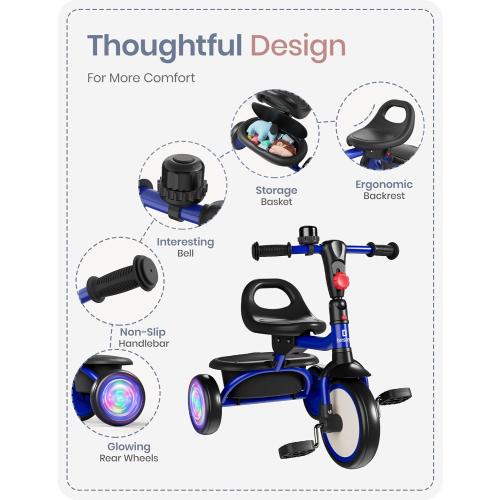 besrey Kids Tricycle with Flash Wheels for Ages 18 Months to 5 Years, Toddler Tricycle with Bell, Kids Tricycle, Gift for 2-5 Year Olds, Gift and Toy for Boys and Girls, Tricycle for Toddlers, Blue