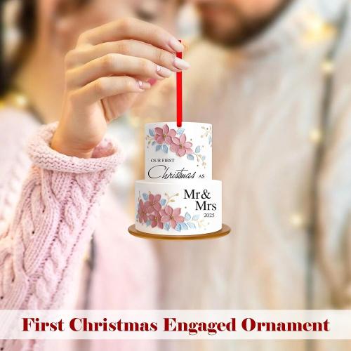 WhatSign Wedding Ornament for Newlywed Couples - Acrylic Our First Christmas as Mr & Mrs 2025 Holiday Decor Cake Shape Engagement Gift Personalized Keepsake for Christmas Tree（2D）