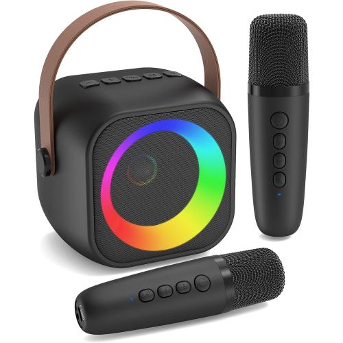 Mini Karaoke Machine, Portable Bluetooth Karaoke Speaker with 2 Wireless Microphones, Singing Machine with Party Lights for Kids and Adults, Birthday Gifts for Girls Boys Family Home Party