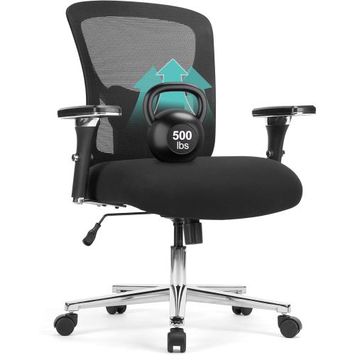 Big and Tall Office Chair 500LBS, Heavy Duty Ergonomic Computer Desk Chair Mesh Executive Task Chair with Adjustable Lumbar Support Wide Comfy Seat and 4D Armrests for Home Office, Black