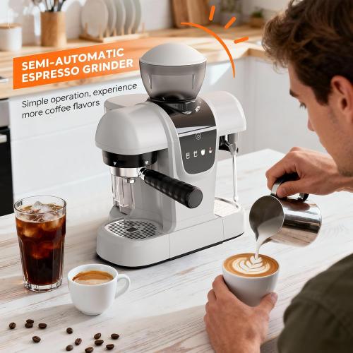 RECAFIMIL Semi-Automatic Espresso Machine with Grinder, 20 Bar, Compact Professional Coffee Maker with Milk Frother, Latte & Cappuccino, Perfect for Home Use, White