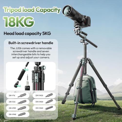 Black ULANZI JJ06 73.6 Carbon Fiber Video Tripod, Horizontal Tripod w Central Column,Handle and UKA Quick Release Plate for Cameras/DSLR/Camcorder, Dual 360° Pan Head, Weight 3.88 lbs, Maxload 39.7 lbs