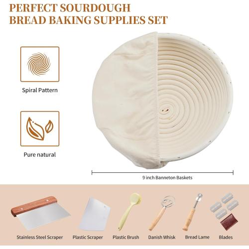 Banneton Bread Proofing Basket Banneton Basket Set Sourdough Proofing Basket Round Proofing Bowls Handmade Rattan Baskets and Liners (Round 9 inch Baking Set)