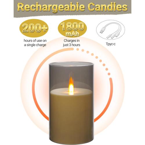 Da by Rechargeable Flameless Candle, Type-c Rechargeable Battery Candlewith Remote Control and Timer Function,Set of 3,can Last up to 240 Hours. A Wick Like a Flame. (Save 220 AA Batteries per Year).